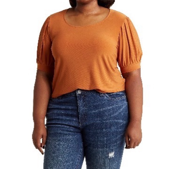 CARMEN MARC VALVO COUTURE Terracotta Short Puff Sleeve Shirt Blouse Plus Size 1X - Picture 3 of 4